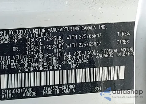 2022 Toyota Rav4 Xle z USA, uszkodzony, nr VIN 2T3W1RFV0NC206972